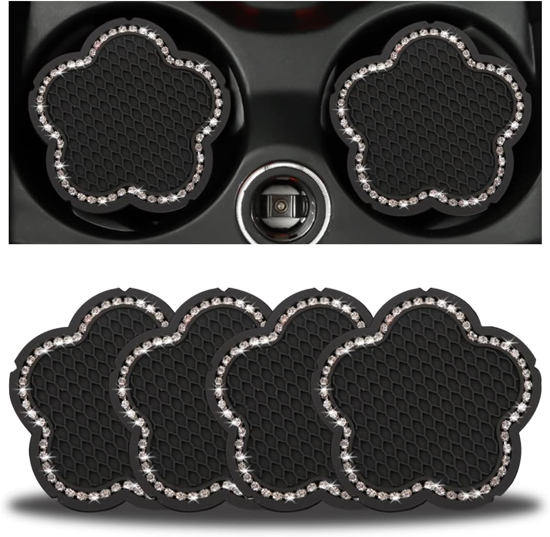 4 posavasos para automóvil, 2.75 pulgadas de cristal, antideslizante, con diamantes de imitación, bonito diseño de flor de ciruelo, universal para