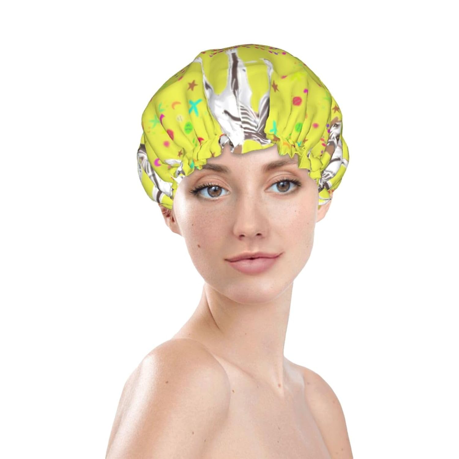 Cartoon Grey And White Dog Reusable Double Layer Waterproof Shower Cap With Elastic Cord For Home Cleaning Facial Care Shower