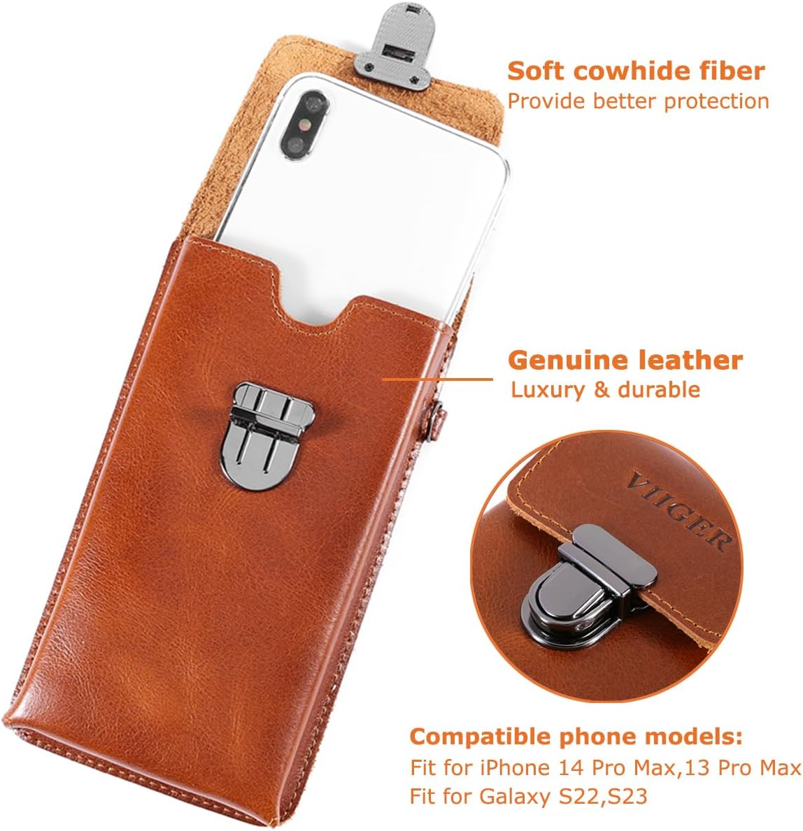 VIIGER Funda de cuero para teléfono celular para cinturón, funda de teléfono inteligente para iPhone 15 Pro Max 14 Pro Max Galaxy S24 S23, clip para