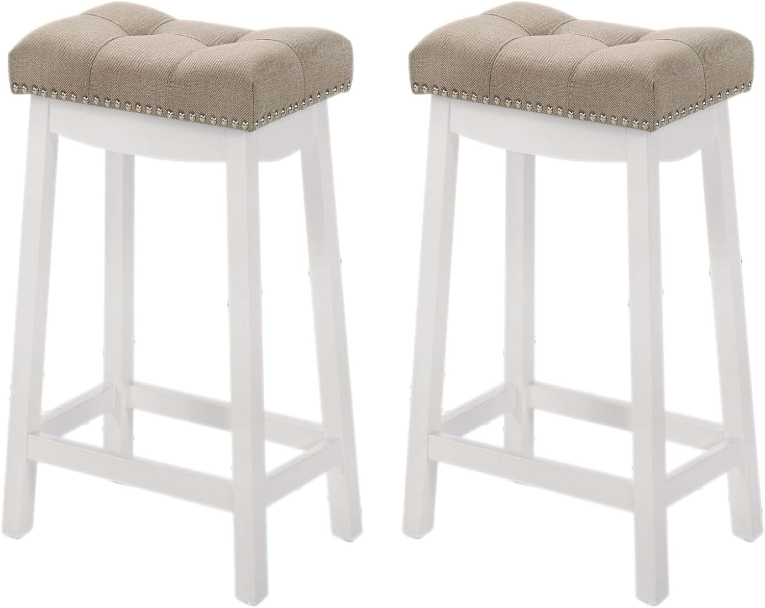 LuXeo Taburetes de bar blancos de 24 pulgadas con cojín de tela beigebronceado (juego de 2), LRZ24WHBGE2