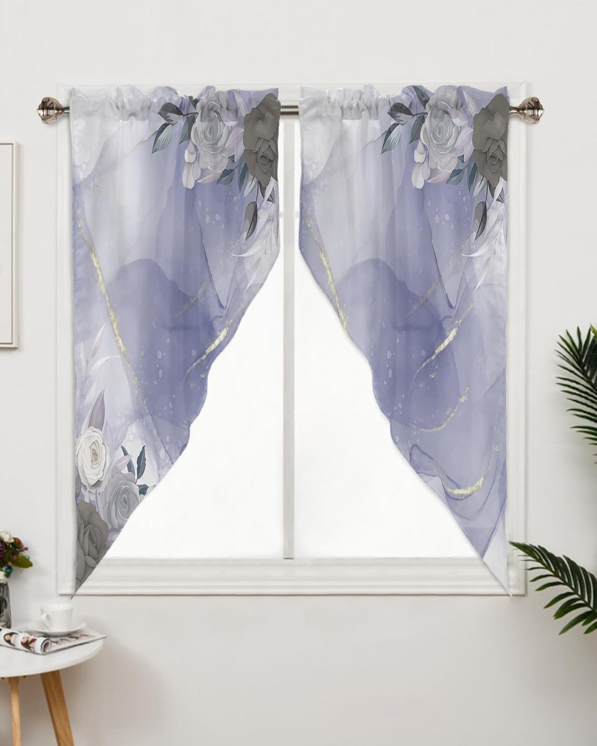Cortina con estampado de flores en mármol morado, cenefas de cocina, cortinas con bolsillo para barra, par de niveles, con estampado floral de