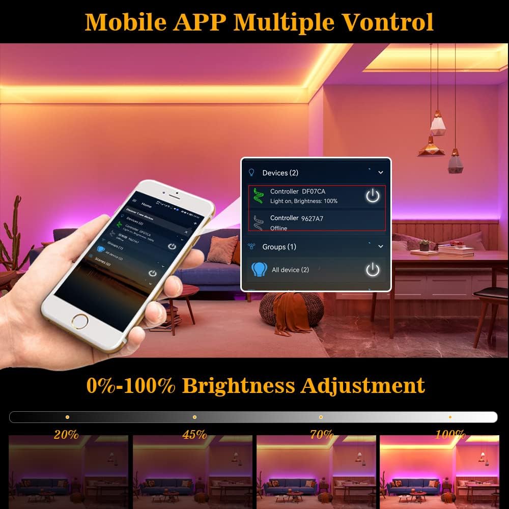Tira de luz LED COB RGB WiFi de 12 V, 16.4 pies, con fuente de alimentación, 576 LEDsM regulable, tira LED de sincronización de música de