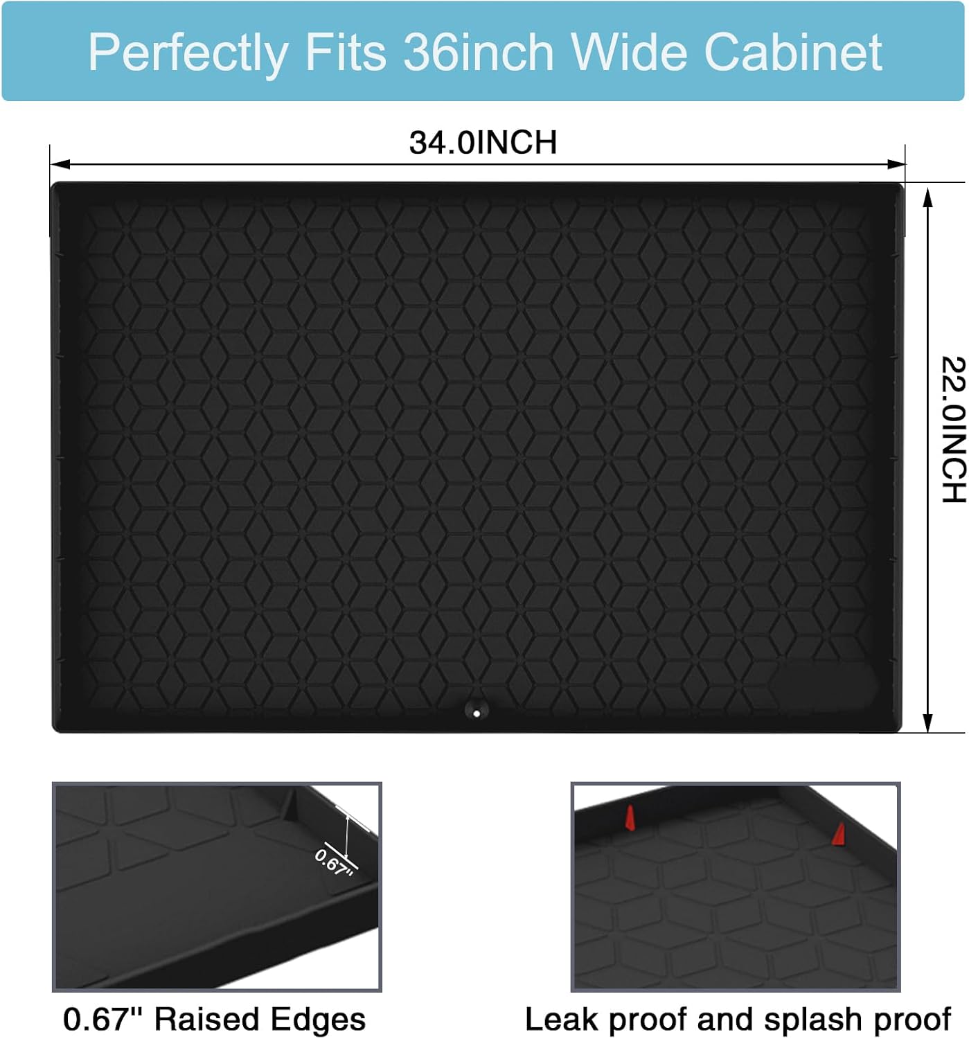 Tapete para debajo del fregadero, 34 x 22 pulgadas, forro flexible de silicona para debajo del fregadero, bandeja de goteo impermeable con orificio