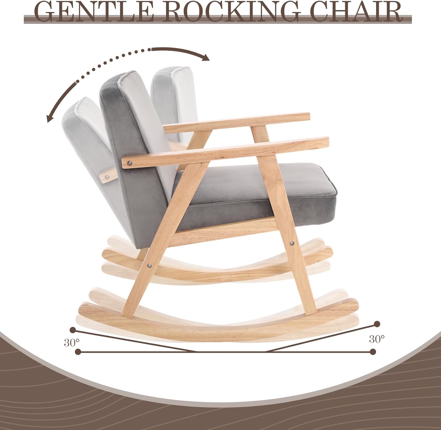JEEOHEY Mecedora de terciopelo moderno de mediados de siglo, cómoda silla tapizada con brazo deslizante con madera maciza para sala de estar,