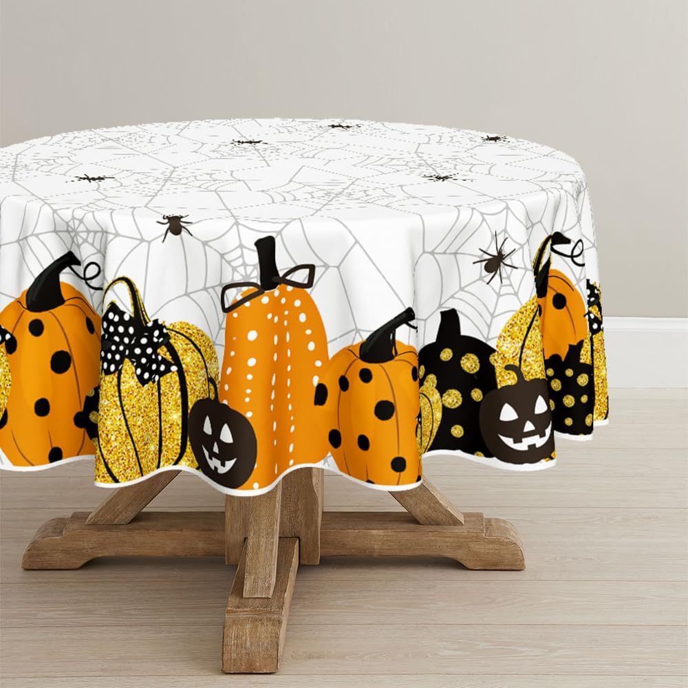Horaldaily Mantel redondo de Halloween de 70 x 70 pulgadas, diseño de telaraña de calabaza con temática aterradora, lavable, para decoración de