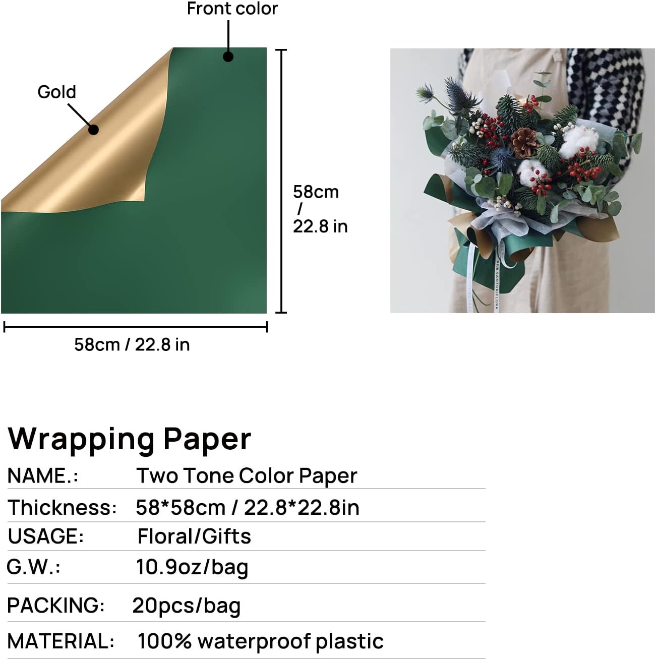 Papel de regalo floral Papel de regalo de flores doradas de doble cara, papel de regalo impermeable, papel de regalo de ramo de bricolaje, 20 hojas