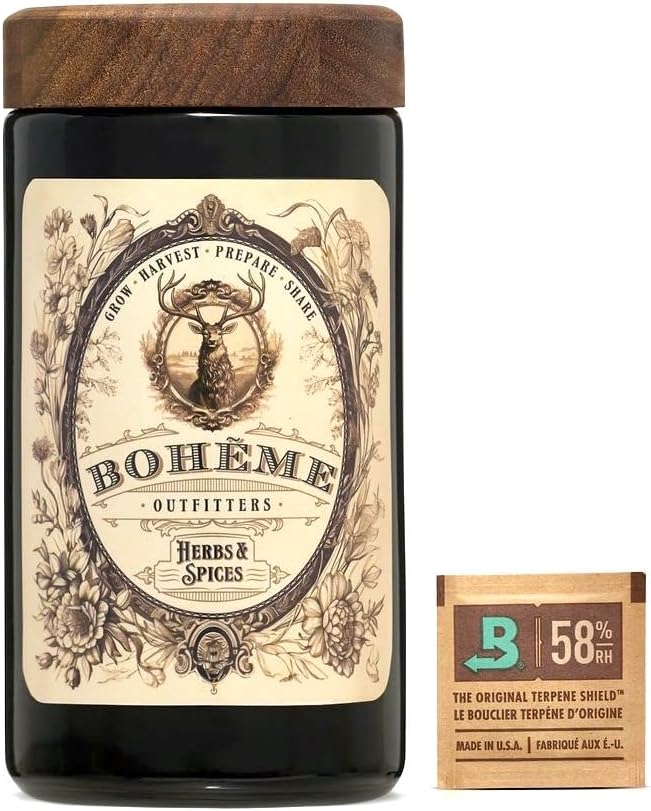 Tarro de vidrio hermético de 1 oz para hierbas y especias. Protección UV de vidrio negro con tapa de madera de nogal y paquete de humedad.