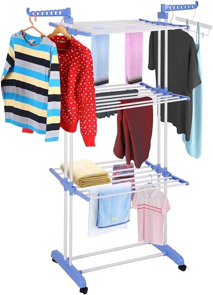 Tendedero plegable de 3 niveles para secadora de ropa, soporte ajustable con 6 bandejas plegables, 2 alas laterales adicionales, fácil almacenamiento