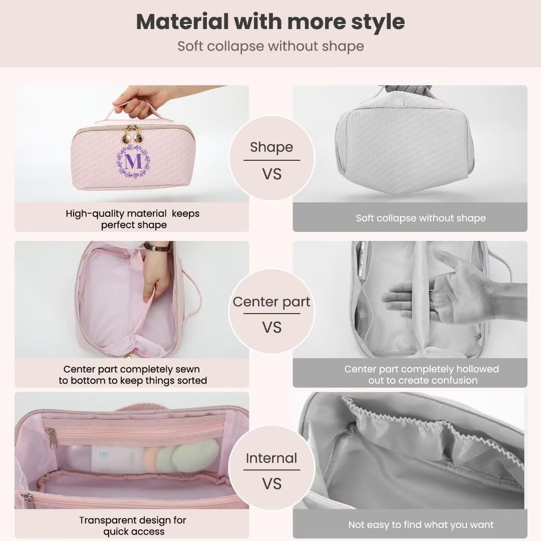 Bolsa de maquillaje, bolsa de maquillaje de viaje, bolsa de maquillaje portátil de piel sintética impermeable, organizador con asa y divisor bolsas