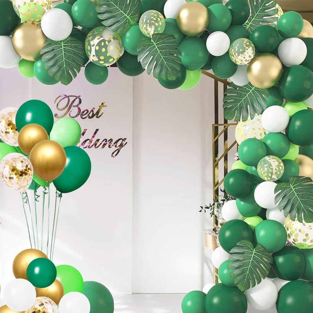 Kit de arco de guirnalda de globos de fiesta de selva, globos blancos de metal verde dorado con diferentes tamaños para fiesta de la selva, ducha,