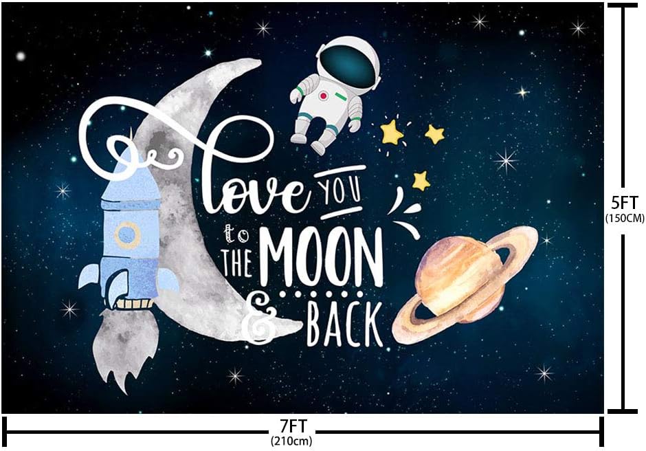 MEHOFOND Telón de fondo Love You to The Moon and Back, decoración de fiesta de baby shower, espacio exterior, cohete astronauta, pastel de