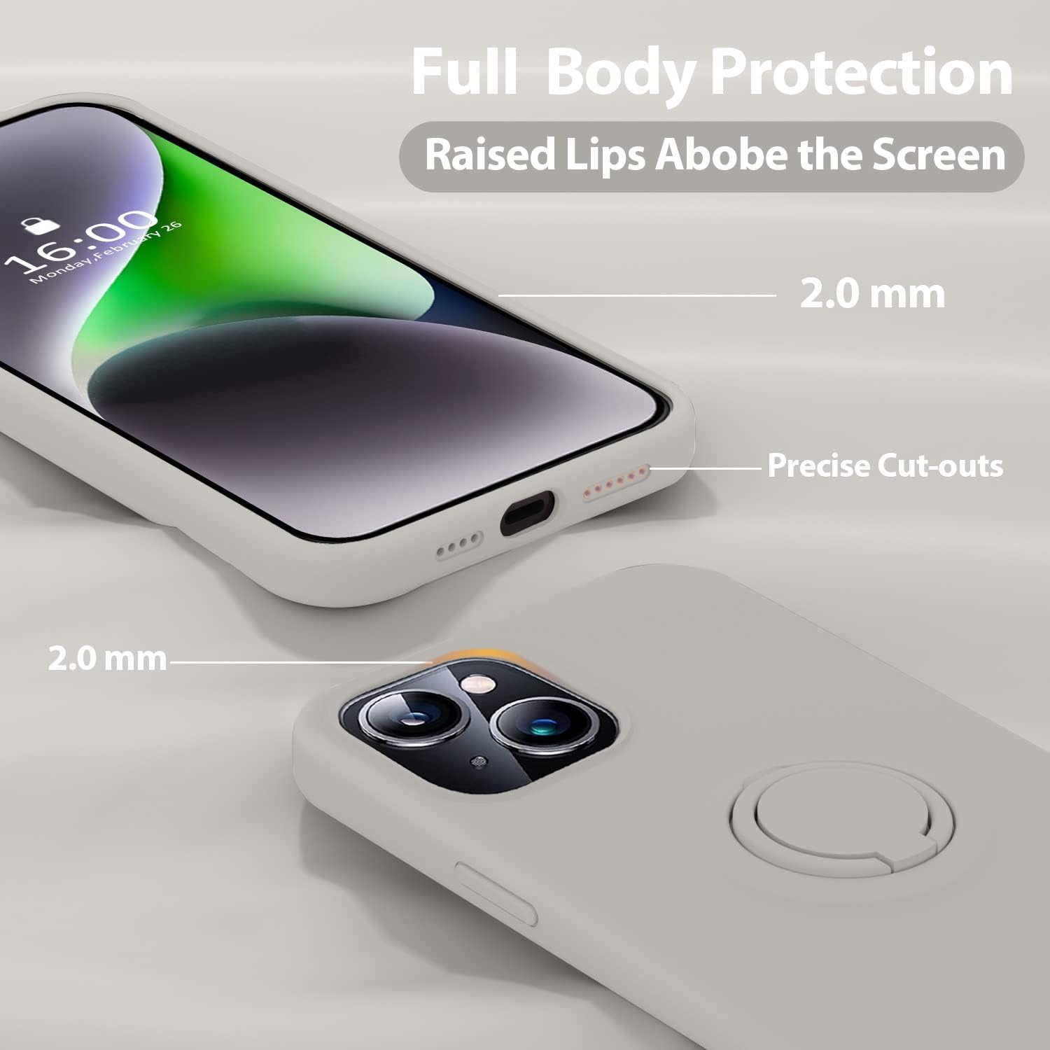 MOCCA Funda compatible con iPhone 14 Plus con soporte de anillo, silicona líquida, forro de microfibra, funda protectora antiarañazos de cuerpo