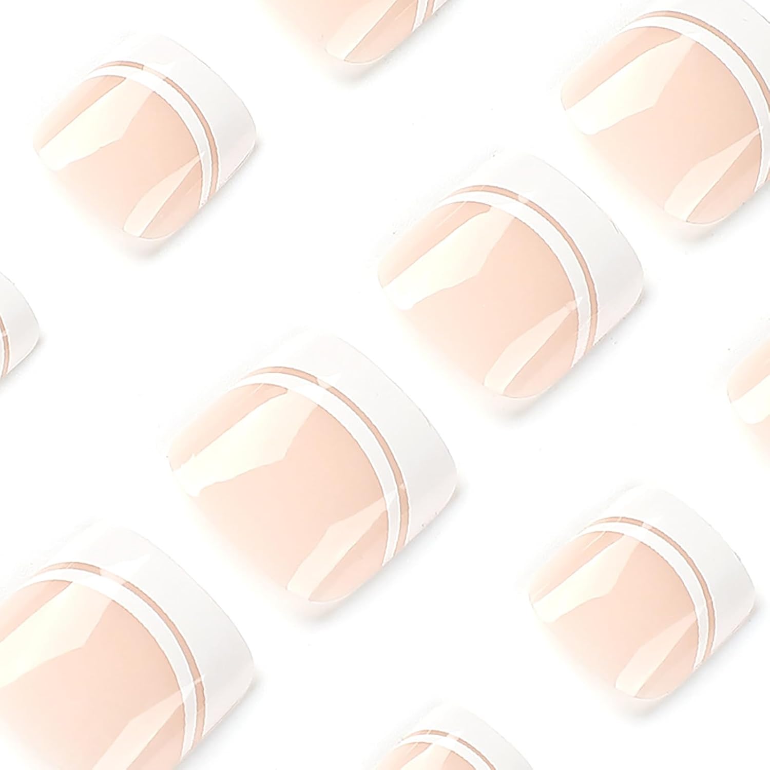 24 uñas francesas a presión, uñas postizas cuadradas cortas, diseño cuadrado blanco, uñas artificiales brillantes, cobertura completa, suministros