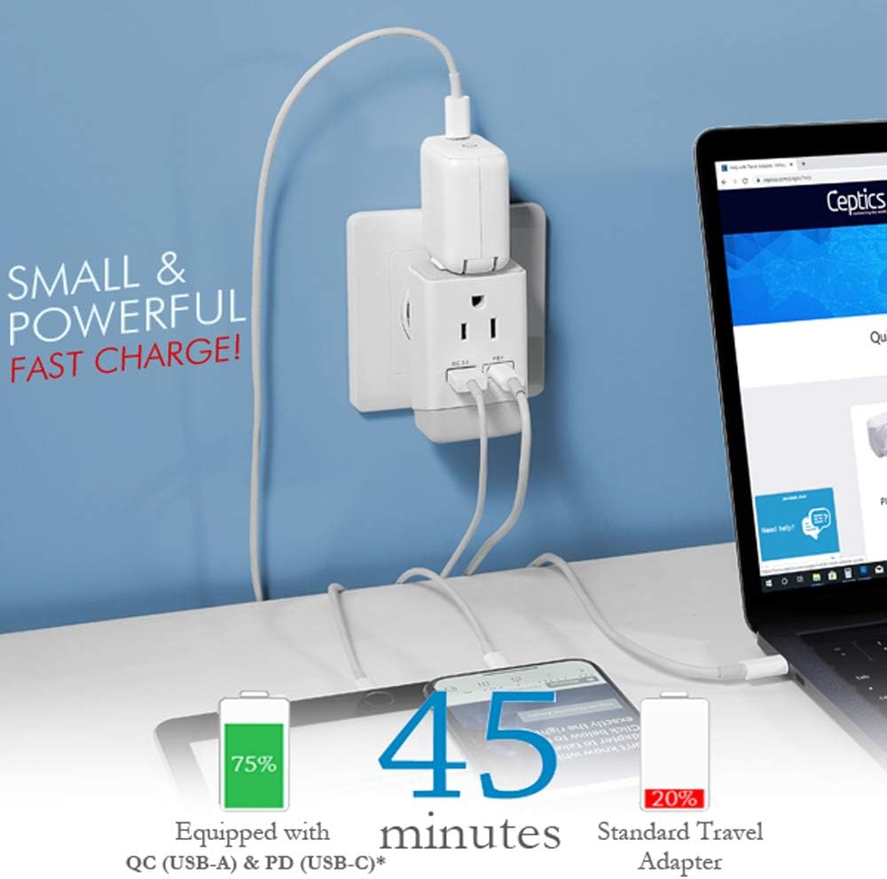 Ceptics Adaptador de enchufe de Hong Kong, enchufe internacional con USB y USB-C – 2 enchufes de EE. UU., QC 3.0 y PD – Adaptador de salida tipo G