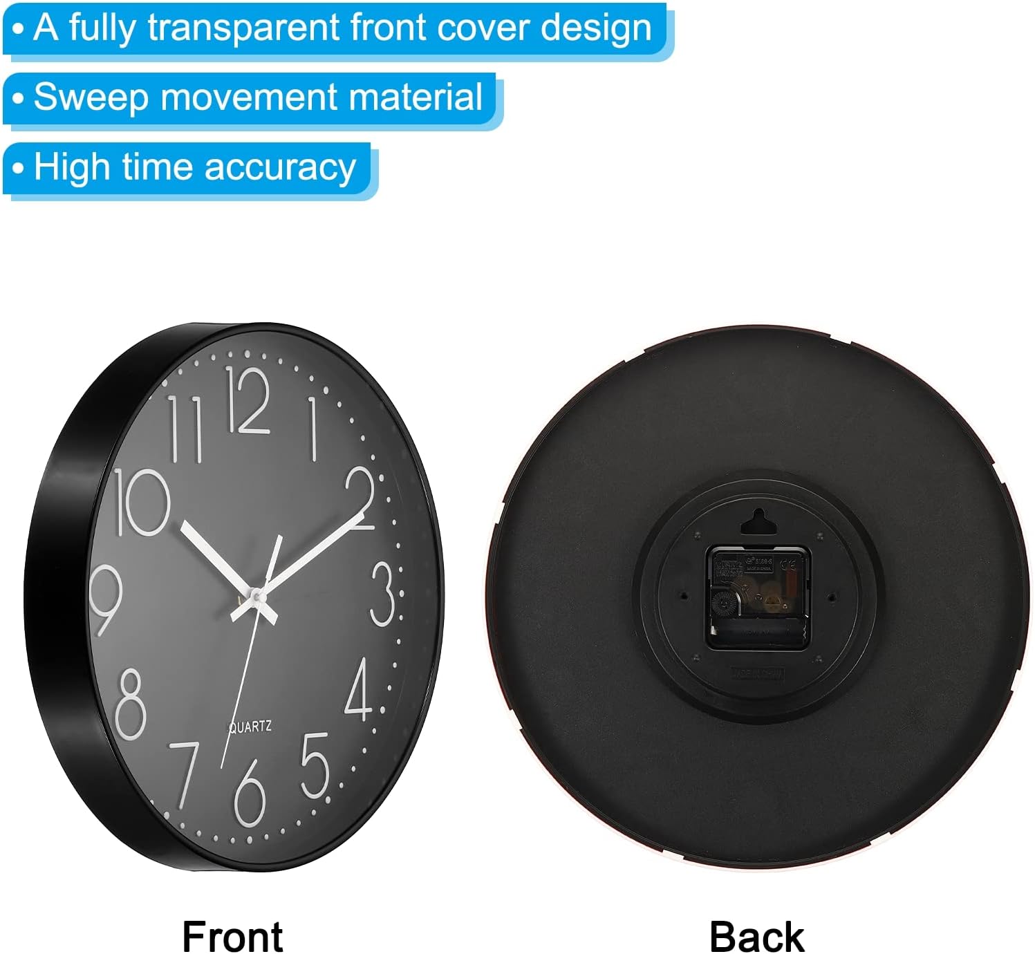 PATIKIL Reloj de pared de 12 pulgadas, funciona con pilas, silencioso, sin tictac, para decoración de oficina, dormitorio, color negro