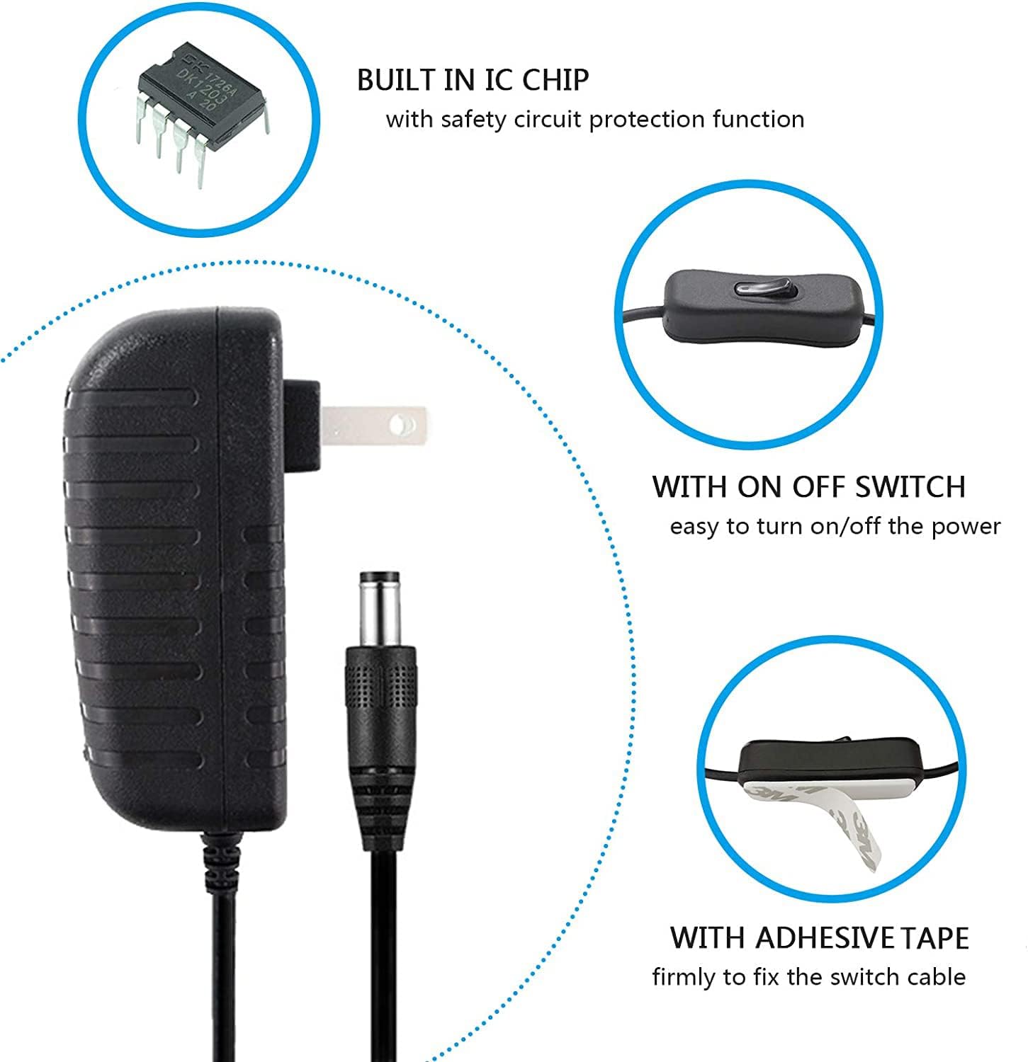 adaptador de fuente de poder CC de 12V, con interruptor ONOFF para iluminación LED de 12V., negro, AT-12V1A-12W, 12.00watts, 12.00 volts
