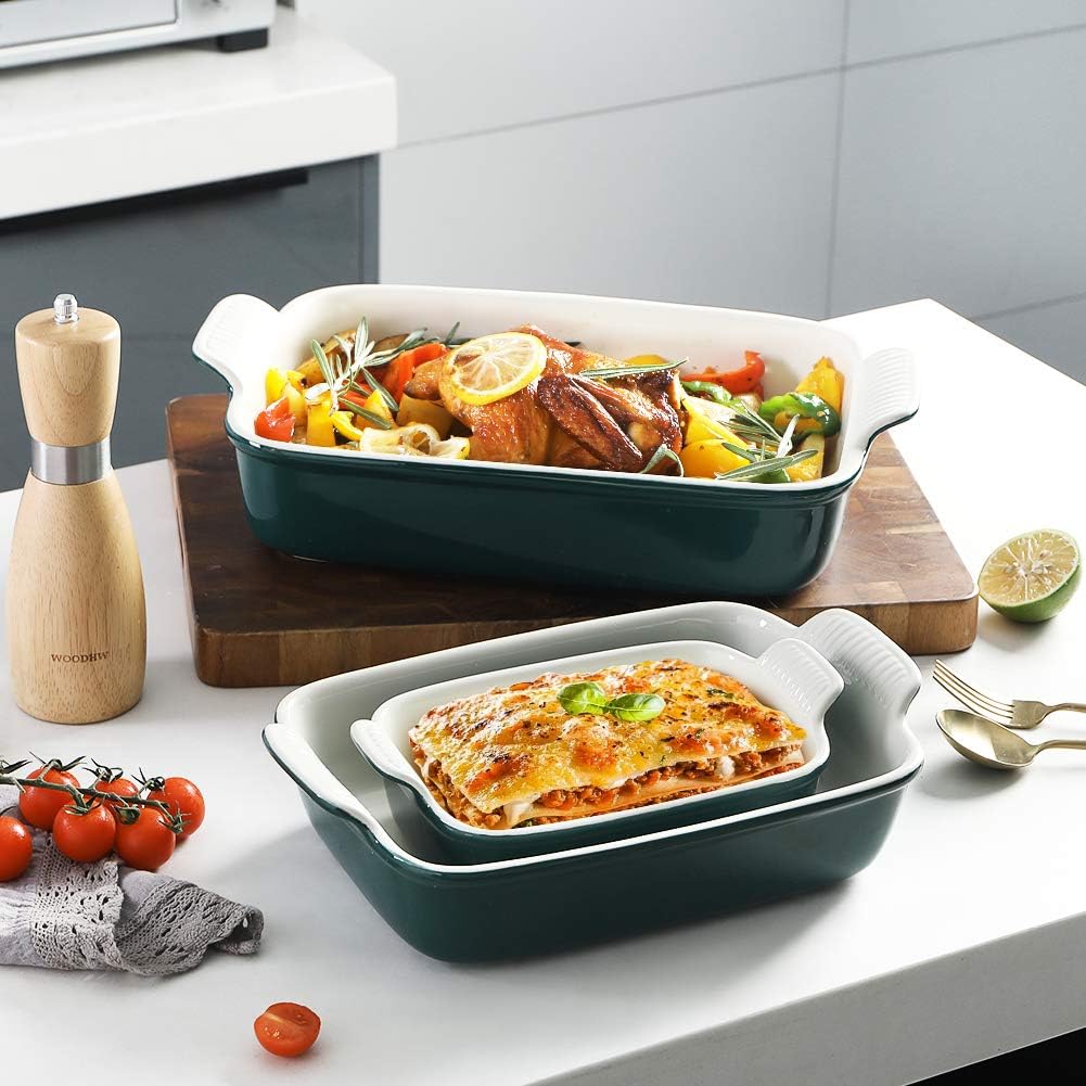 Sweejar Plato de porcelana para hornear, cazuela para horno, utensilios rectangulares de 13 x 9.8 pulgadas, bandeja para lasaña profunda con asas