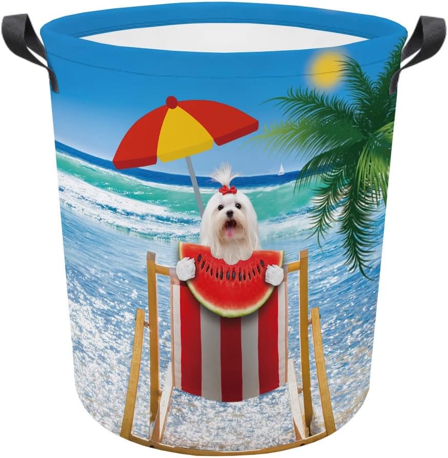 MALIHONG Cesta plegable para ropa sucia con estampado de perro, bonita cesta de lavandería de sandía maltesa con asa, caja de juguetes, bolsa de