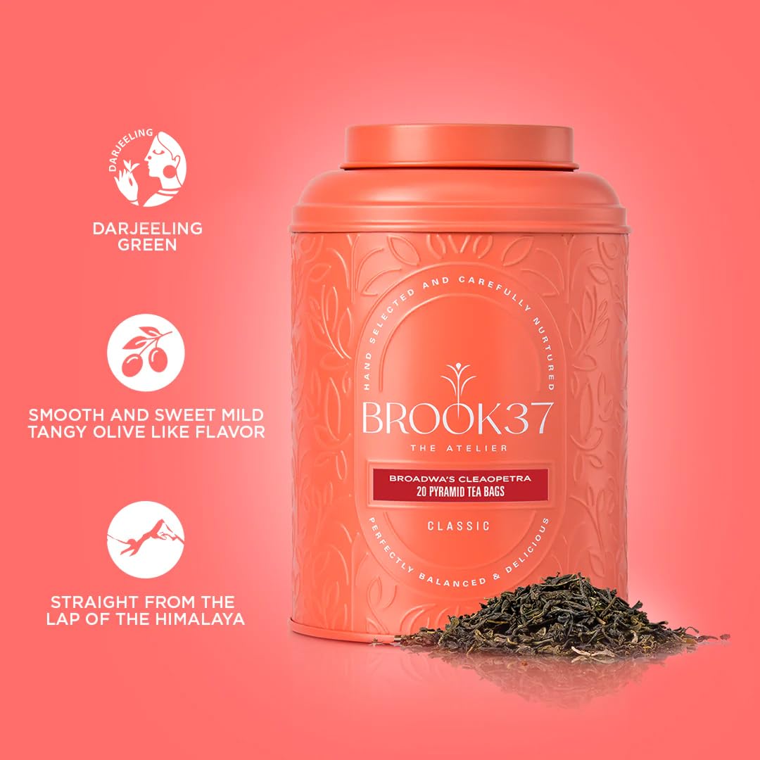 Brook37 Broadway’s Cleopatra – Té verde Darjeeling de primera calidad  Bajo en cafeína  Sabor suave y dulce como aceituna picante  20 bolsas