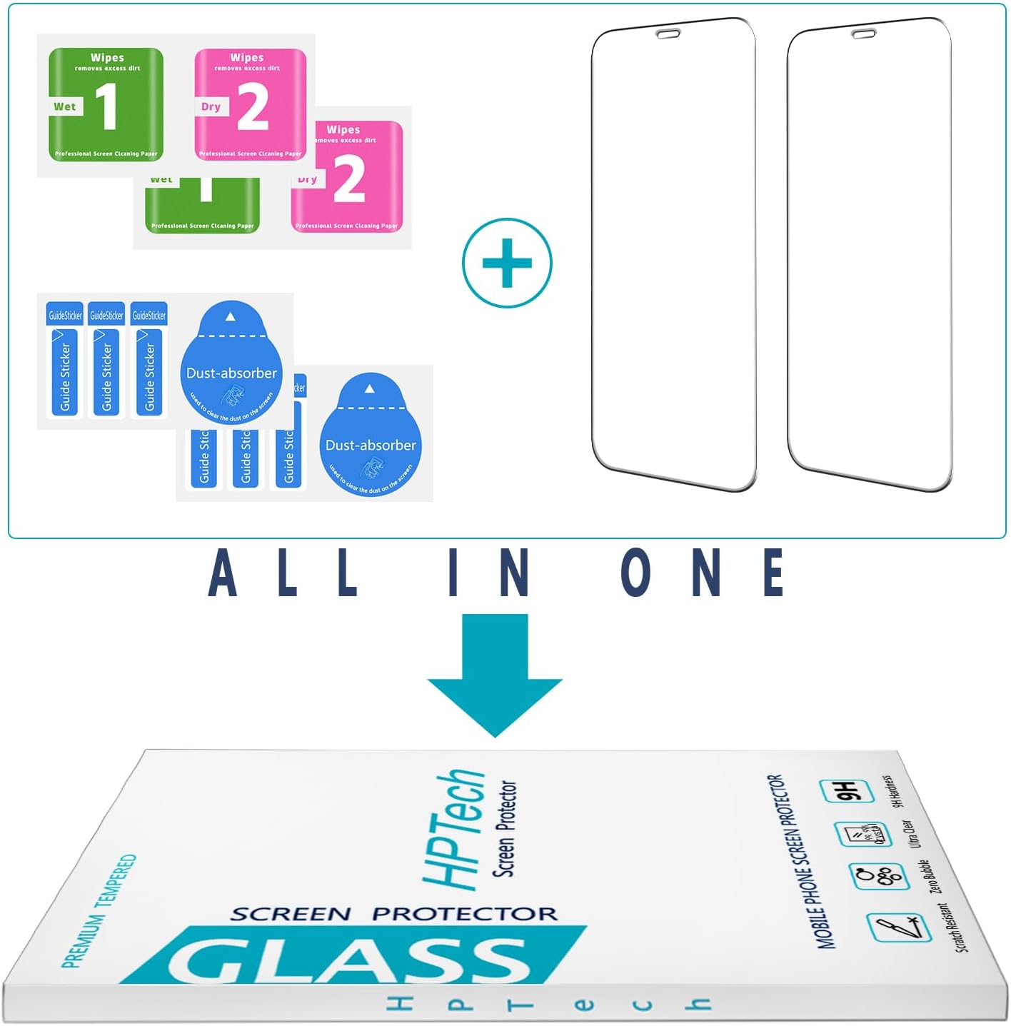 HPTech Paquete de 2 protectores de pantalla diseñados para iPhone 12 Mini (5.4 pulgadas), vidrio templado, antiarañazos, sin burbujas