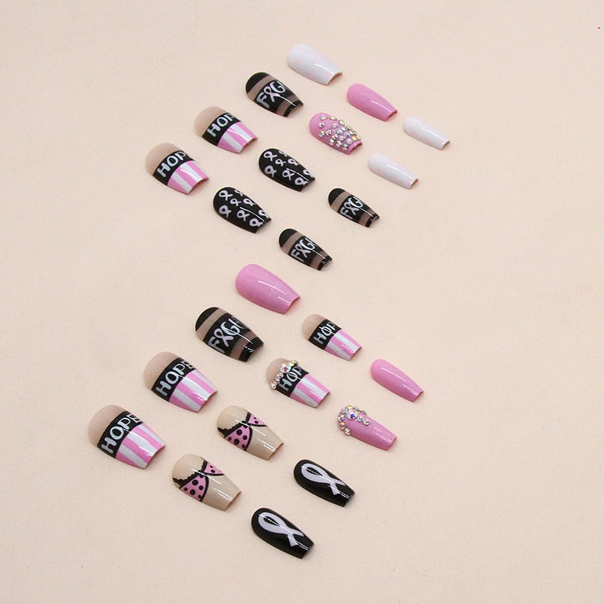 24 uñas postizas a presión para concientización sobre el cáncer de mama, uñas postizas de longitud media con diseños de diamantes de imitación,