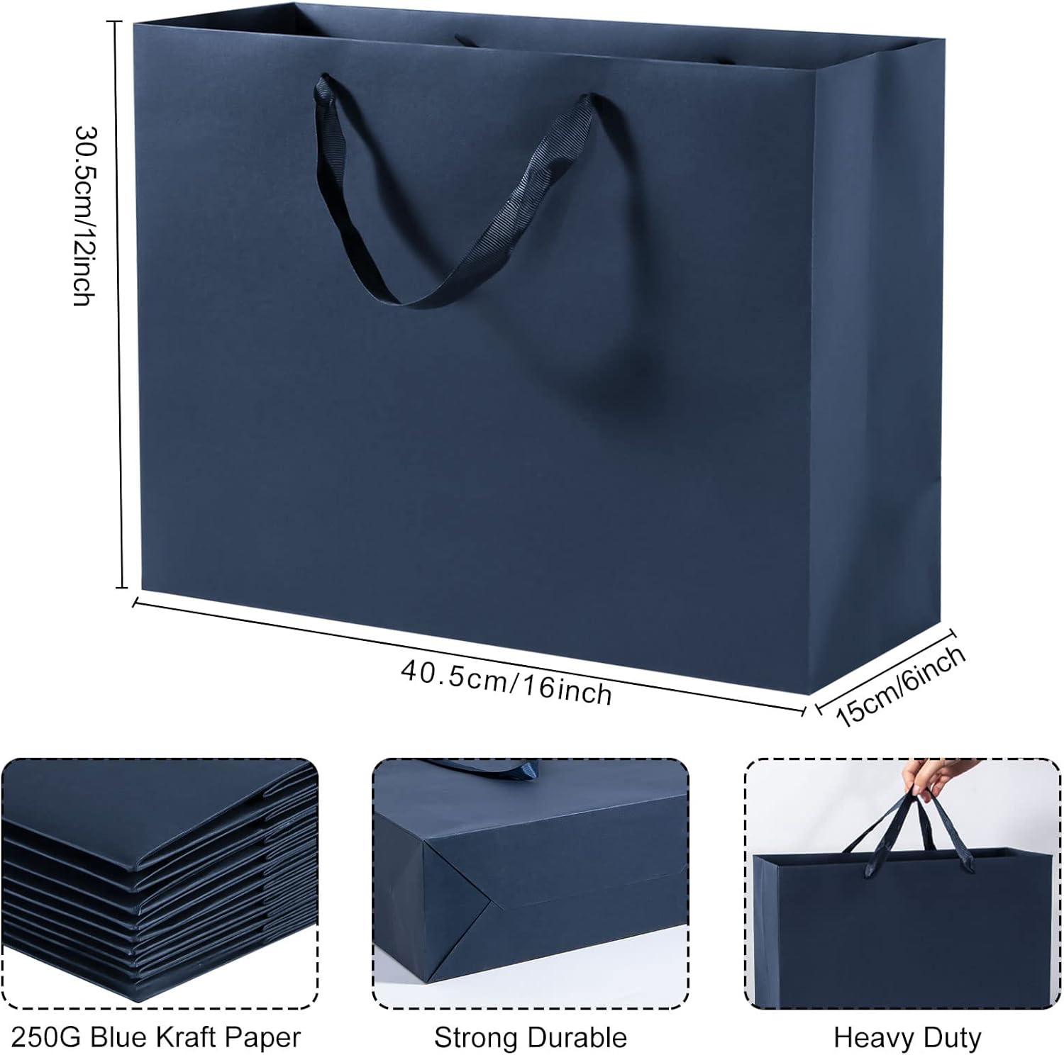 driew Bolsas de regalo grandes, paquete de 12 bolsas de regalo extra grandes azul marino, asas de cinta, bolsas de regalo de papel resistente de