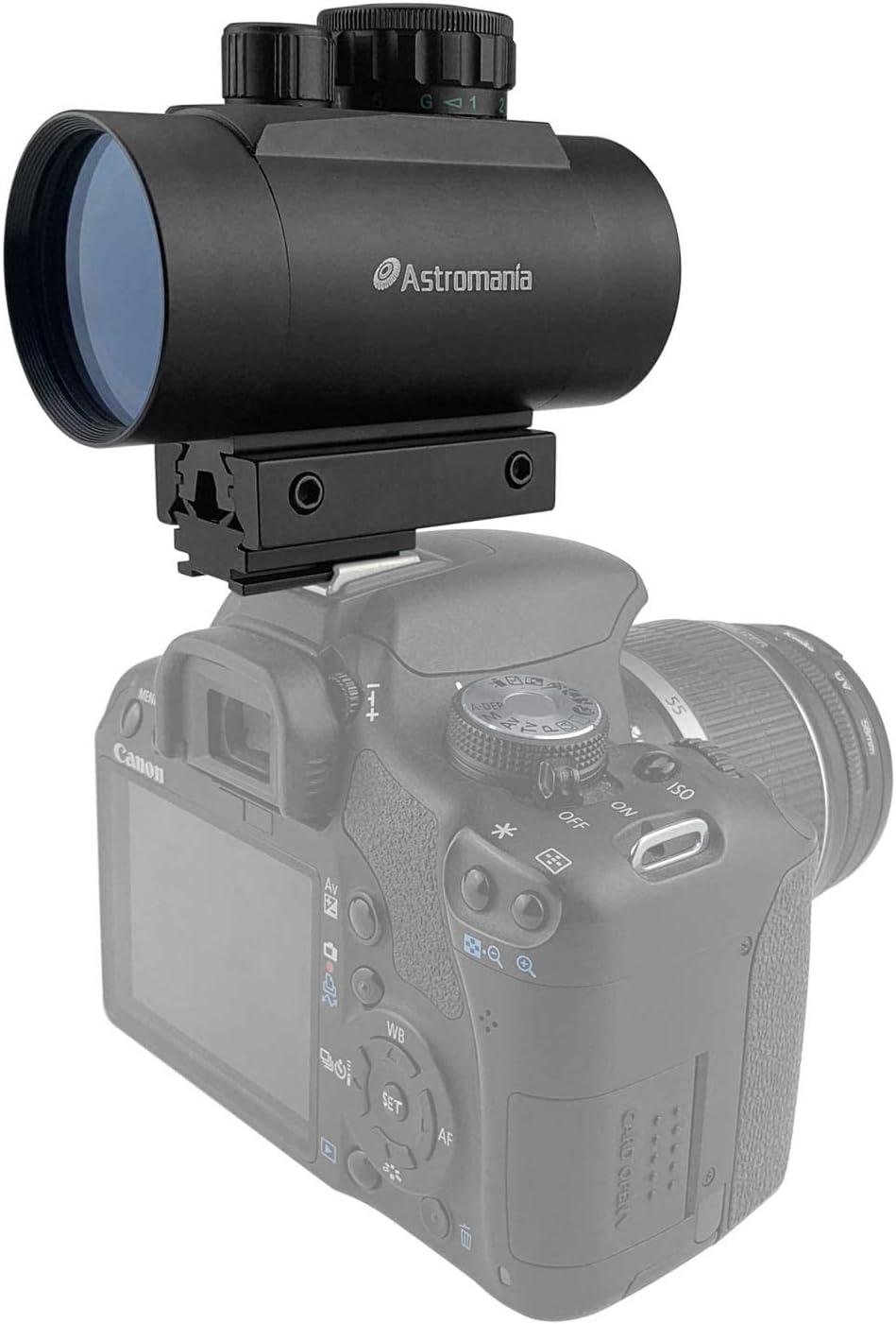 Astromania 1X40RD Reflex Red Green Dot Sight – Soporte de alcance iluminado para fijar a una conexión tipo flash de cámara DSLR