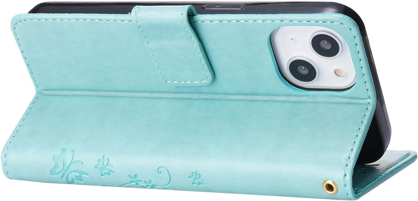 Funda tipo cartera compatible con iPhone 15 Pro, funda tipo cartera de piel sintética, funda de silicona con estampado floral de mariposa en