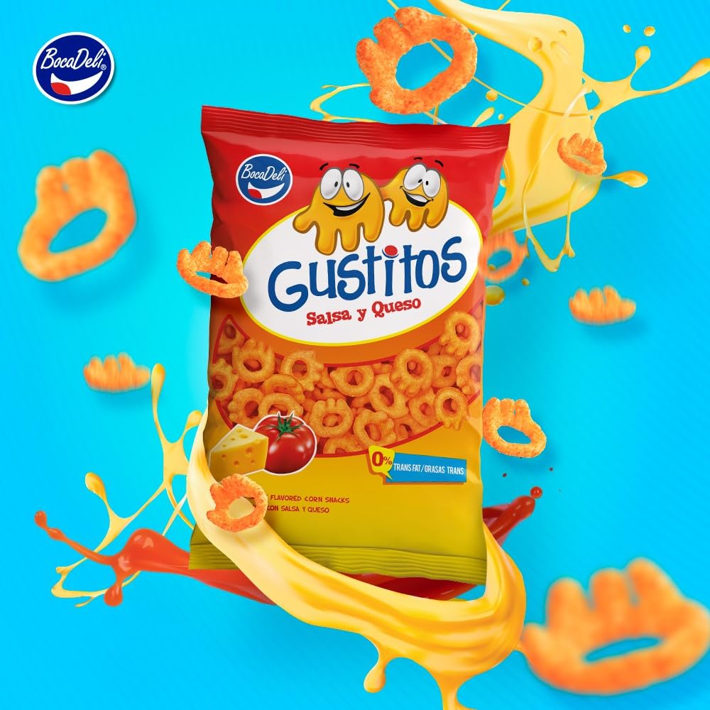Bocadeli Gustitos Salsa Y Queso, Puffs de maíz con sabor a queso y salsa, 3.3 onzas (paquete de 1) (tamaño regular 3.3 onzas)