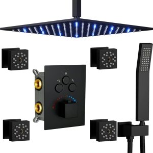 Sistema de ducha Body Jet WHSHOWER con válvula termostática, grifo de lluvia combinado con doble función, 4 chorros corporales, cabezal de ducha LED Sistema de ducha Body Jet WHSHOWER con válvula termostática, grifo de lluvia combinado con doble función, 4 chorros corporales, cabezal de ducha LED