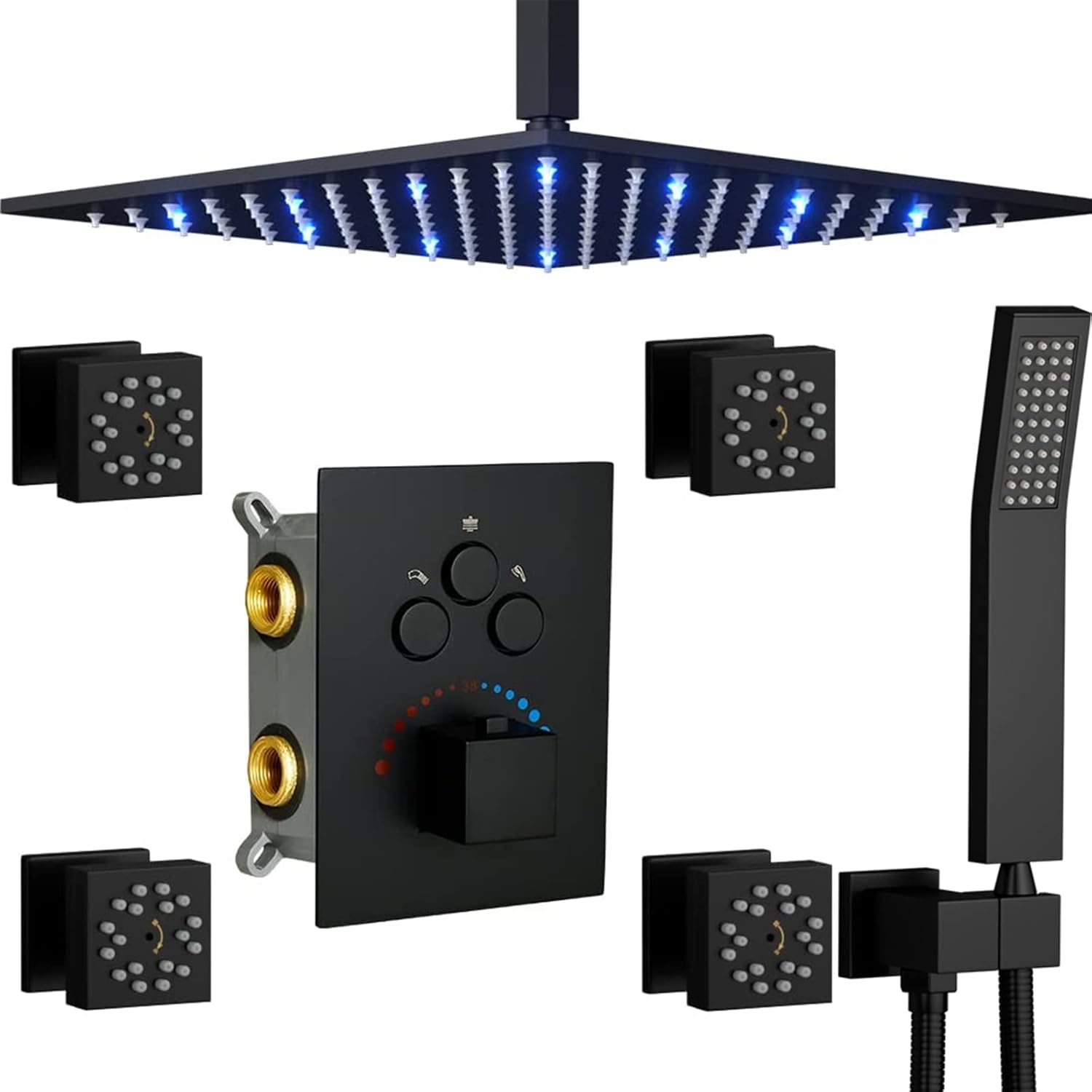 Sistema de ducha Body Jet WHSHOWER con válvula termostática, grifo de lluvia combinado con doble función, 4 chorros corporales, cabezal de ducha LED