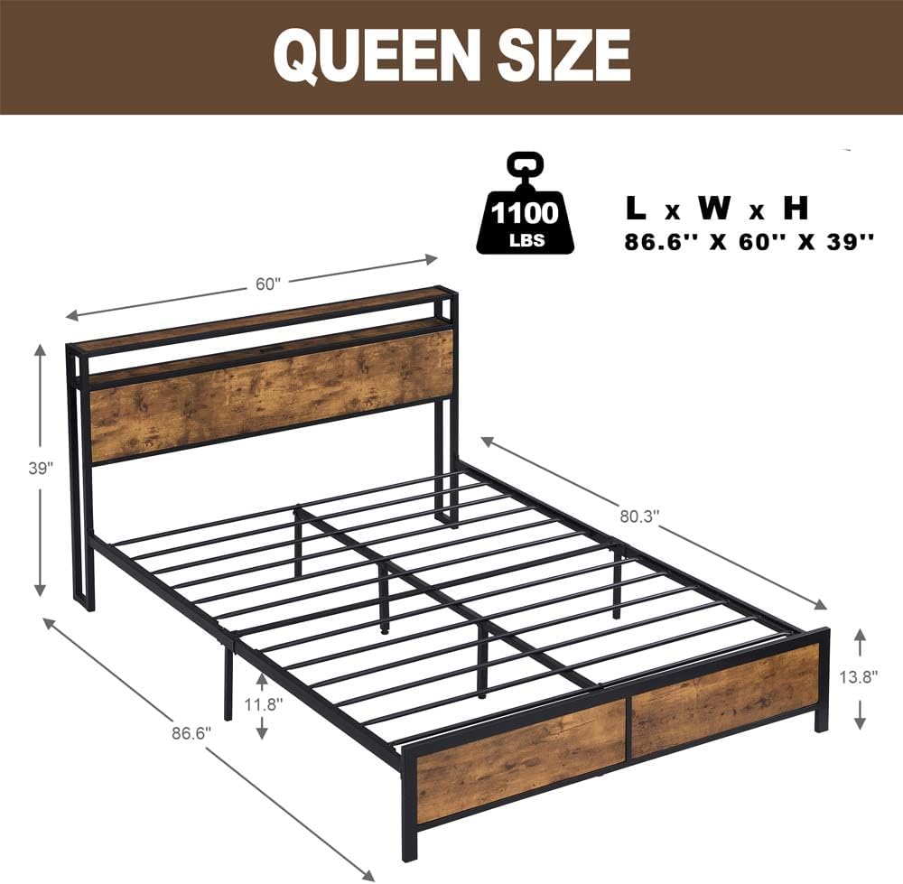 Base de cama de plataforma de metal tamaño Queen con cabecero y estribo de madera con luces USB y LED, no necesita somier, gran almacenamiento