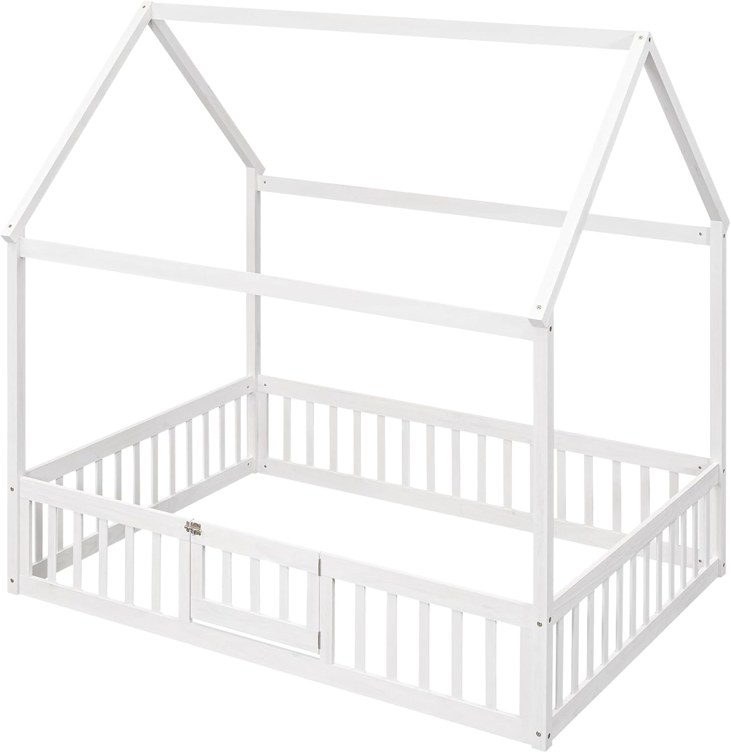 KLMM Cama de madera de tamaño matrimonial con valla y puerta, marco de cama de madera para niños o niñas, se puede decorar (valla blanca + puerta)