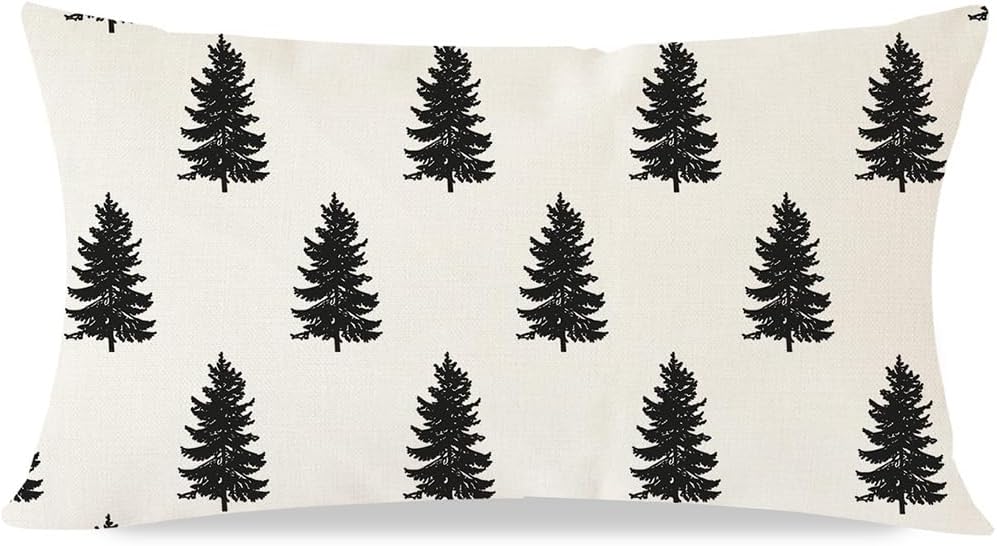 Funda de almohada moderna de árbol de Navidad de 12 x 20 pulgadas, decoración de pino de Navidad negro, almohadas lumbares de Navidad, fundas de