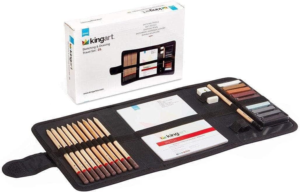 KINGART 140 DIBUJOS Y DIBUJOS 25 uds. Juego de viaje, lápices y pasteles de grafito y carbón y suministros adicionales, kit de dibujo artístico para