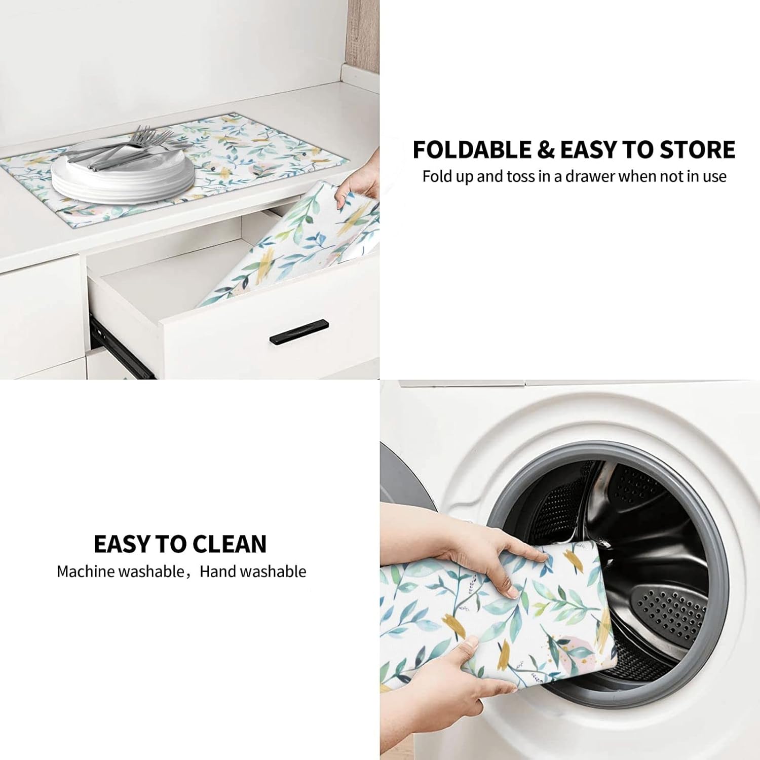 Tapete de secado de platos de hojas verdes azules para encimera de cocina, XL, 18 x 24 pulgadas, almohadilla absorbente de microfibra blanca para