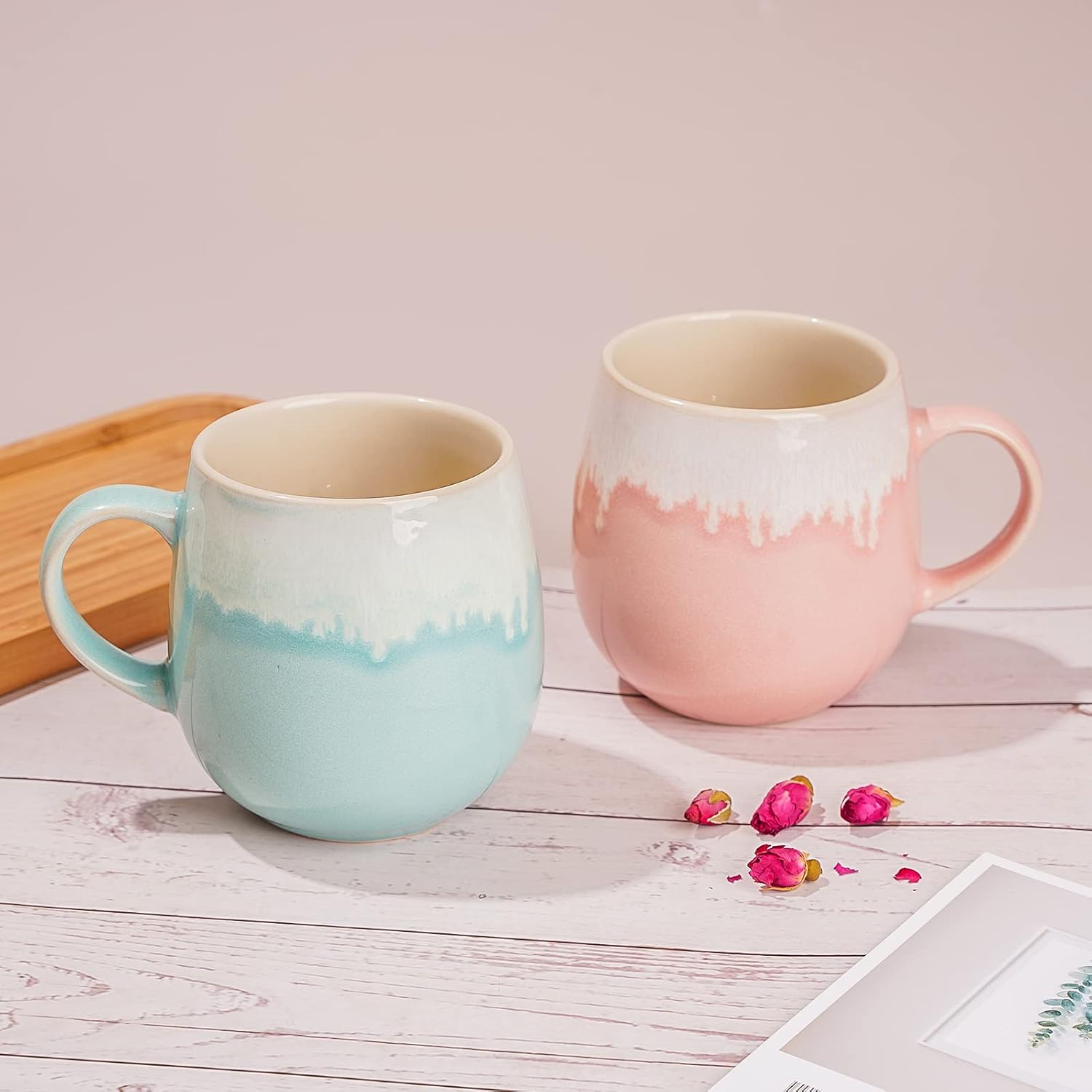 Taimei Teatime Tazas de café grandes de 20 onzas para hombres y mujeres, juego de 2 tazas de café de cerámica, tazas de café para parejas, tazas de