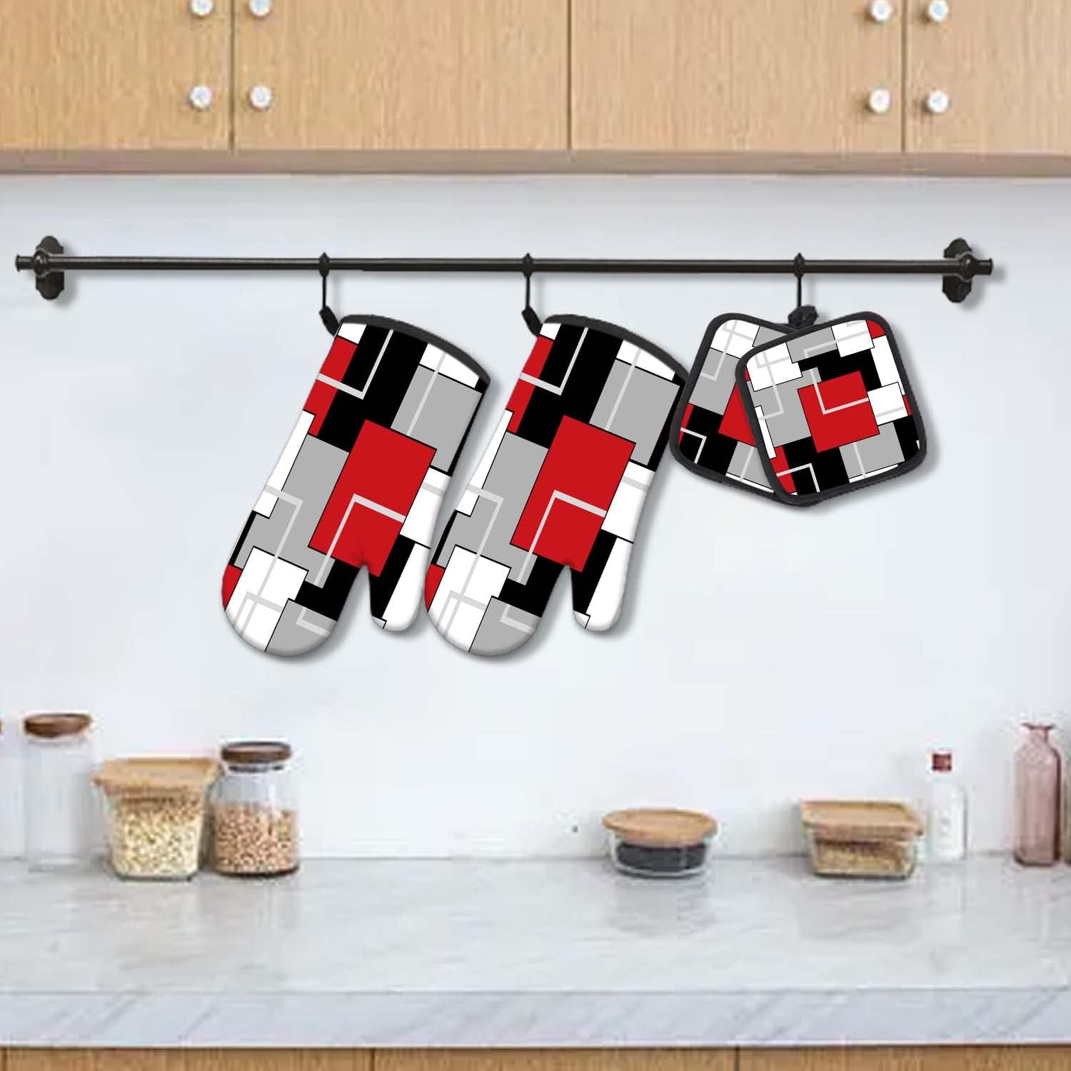 MCALK Juego de 5 guantes de horno rojos y soportes para ollas, guantes de horno negros geométricos y almohadillas calientes para cocinar en la