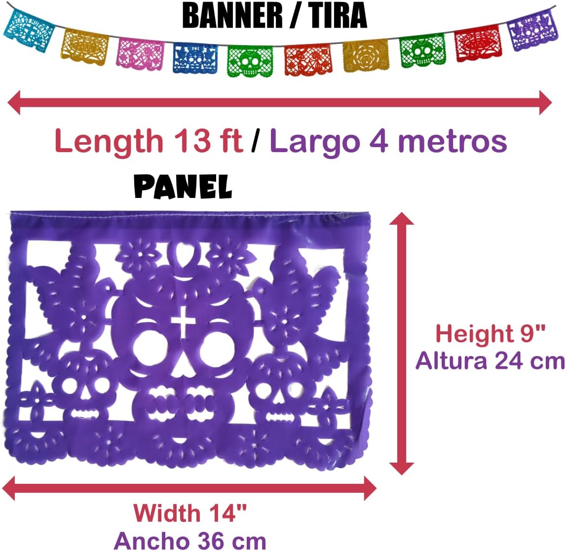 Juego de 5 pancartas mexicanas de plástico multicolor de 13 pies de largo, papel picado Día de los Muertos, 5 tiras de papel picado decoración