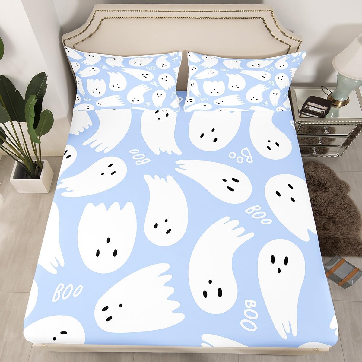 Juego de sábanas de Feliz Halloween, juego de sábanas con estampado de acuarela taro púrpura para niños, ultra suave, calavera, fantasma, juego de