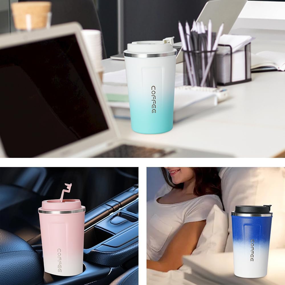 Taza de viaje de café con revestimiento de cerámica, 14 onzas, vaso aislado al vacío para automóvil con tapa a prueba de fugas, color azul degradado
