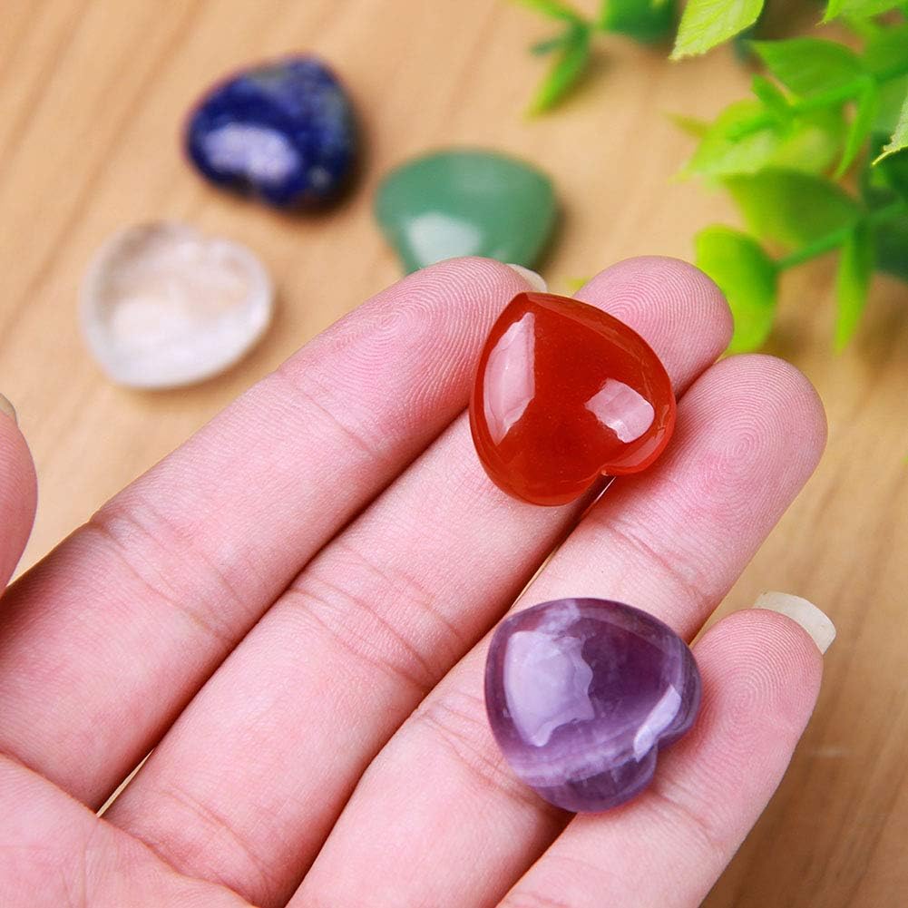 Juego de 7 piedras de chakra, piedras en forma de corazón de cristal curativo de Reiki, Piedra