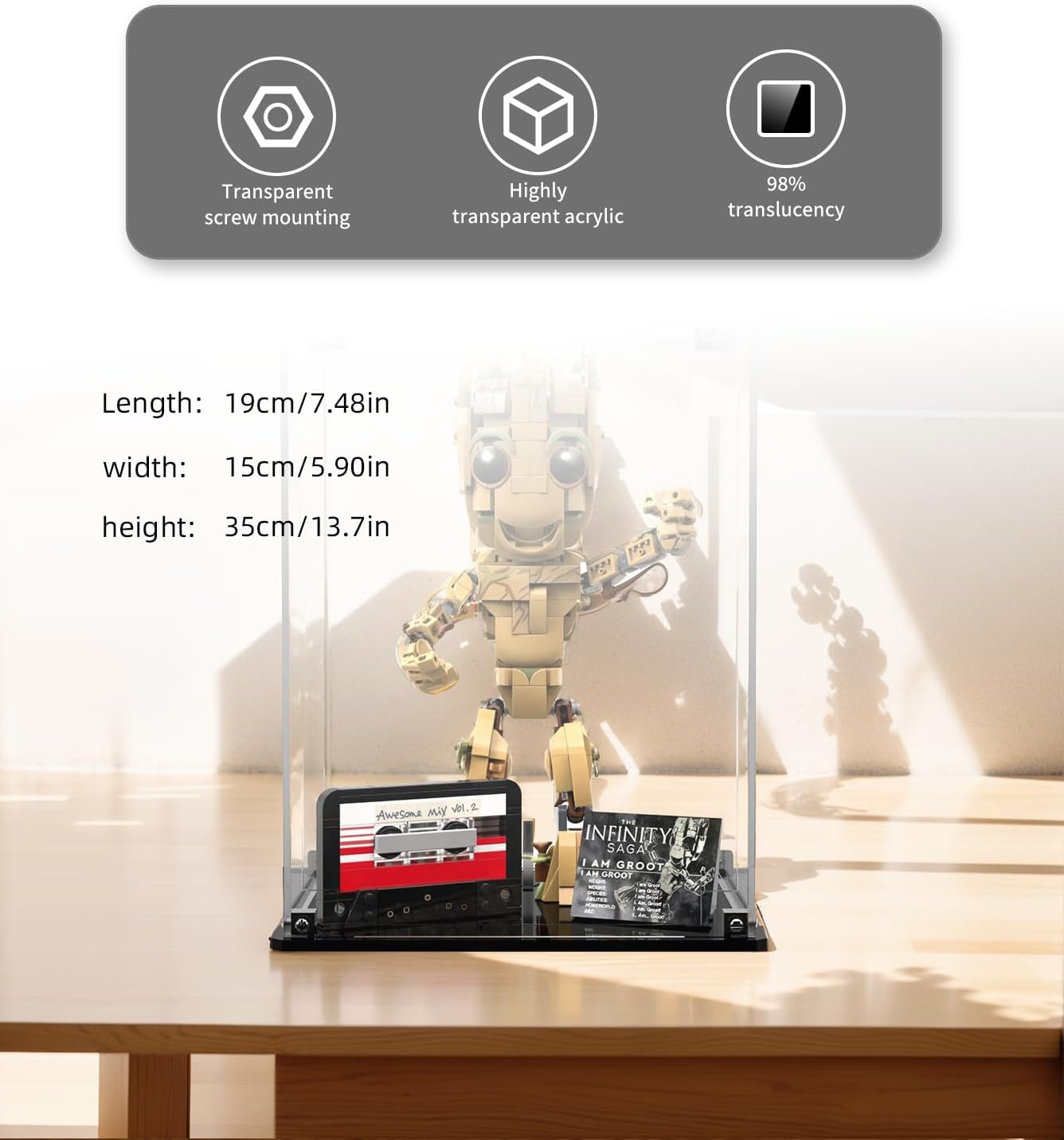 Vitrina acrílica para Lego I am Groot 76217 (7.9 x 7.9 x 12.6 pulgadas), caja de acrílico transparente, montaje a prueba de polvo, pantalla