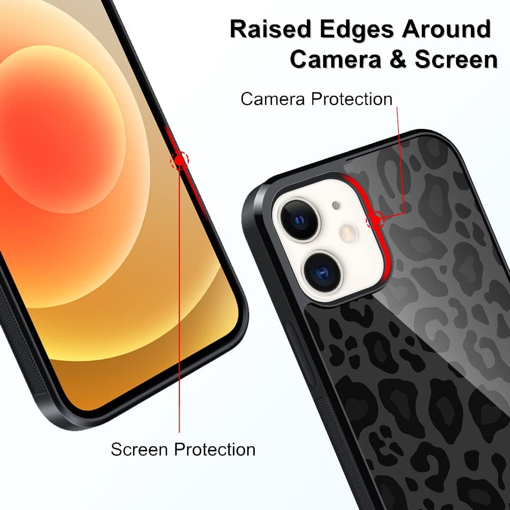 TEAUGHT Funda compatible con iPhone 12 Pro de 6.1 pulgadas, bonito patrón de leopardo negro + protector de pantalla de neumáticos a prueba de