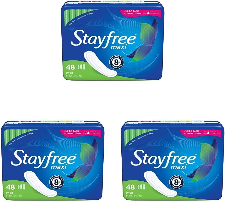 Stayfree Maxi Super Long Wingless – Almohadillas de protección y absorción fiables para mujeres, 48 unidades (paquete de 3)