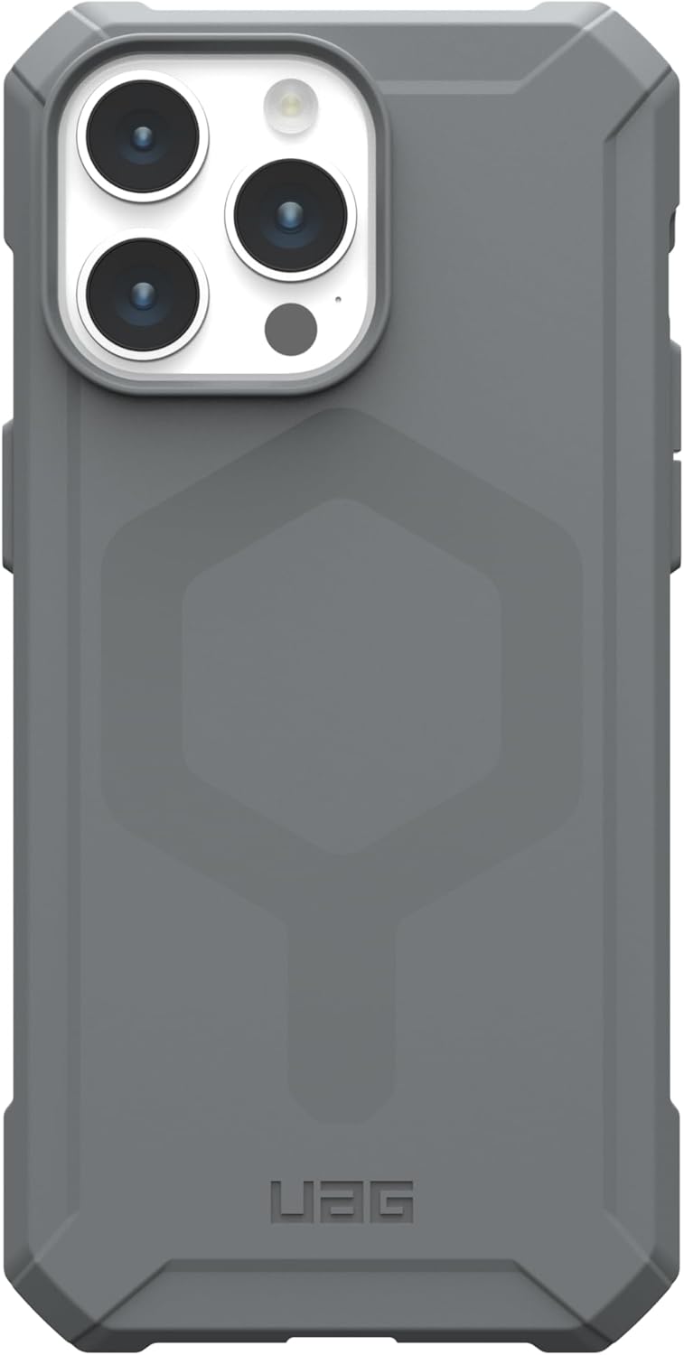 URBAN ARMOR GEAR UAG – Funda compatible con iPhone 15 Pro Max de 6.7 pulgadas, Essential Armor plateado con imán integrado compatible con carga