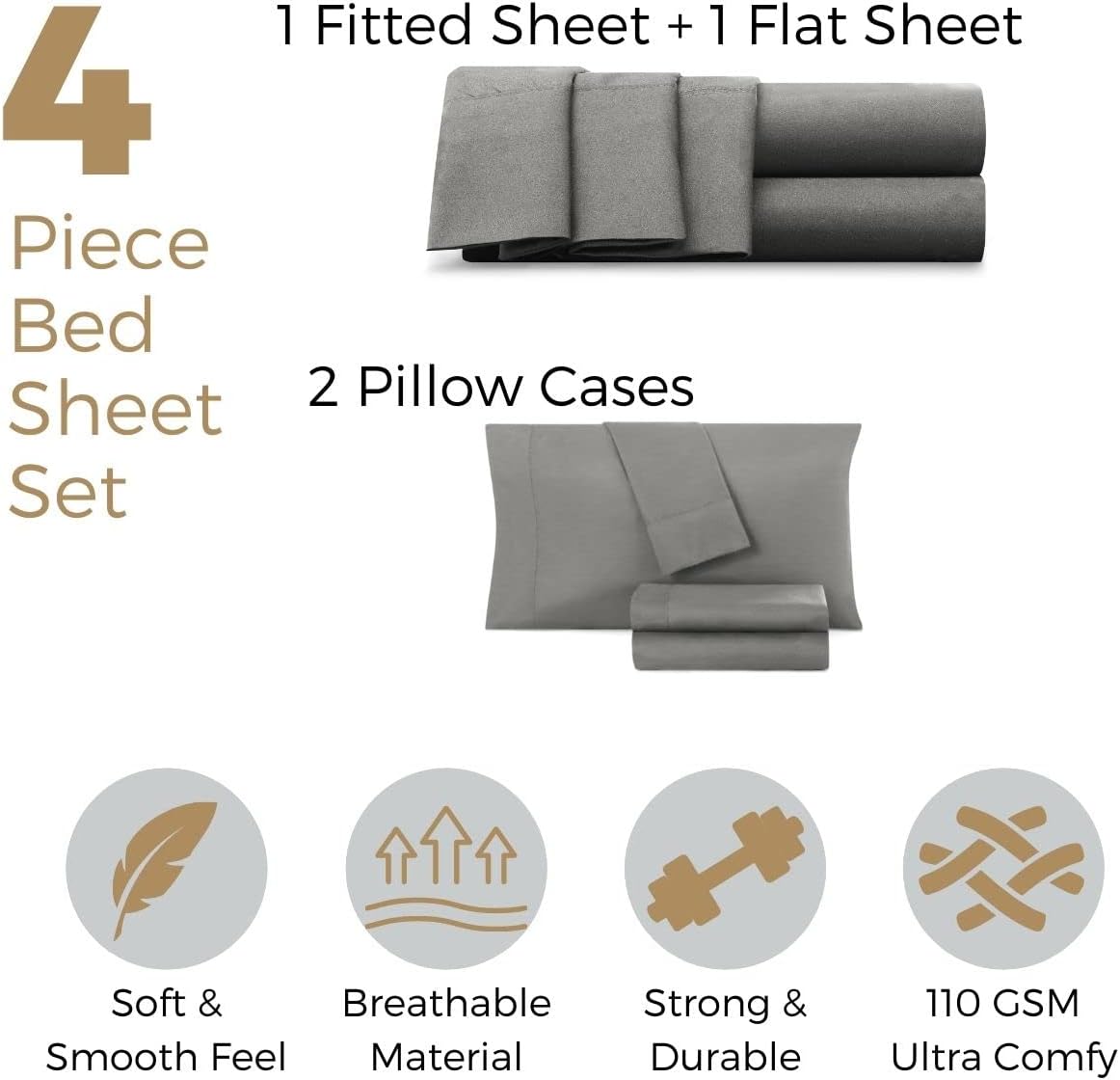 Empyrean California King – Juego de sábanas suaves de 4 piezas – Sábanas de microfibra de doble cepillado Cal King – Sábanas de lujo de hotel gris