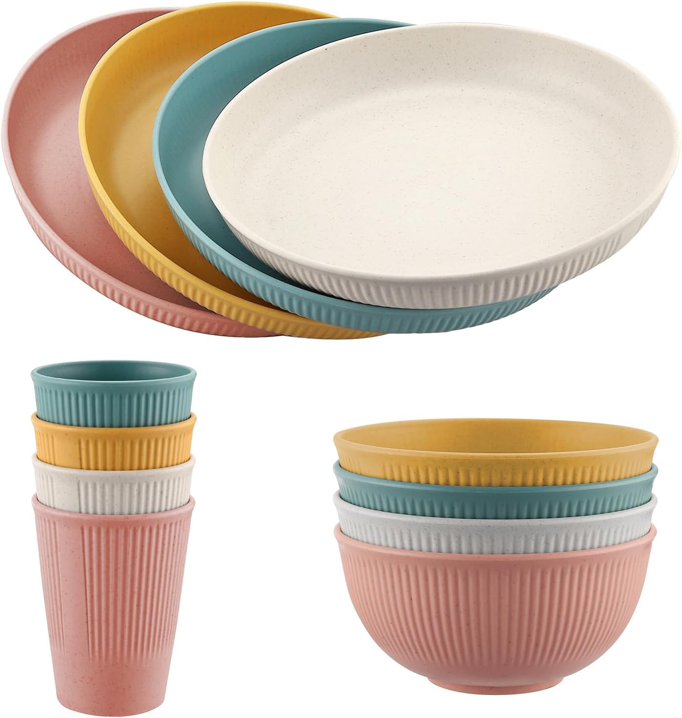 FUNYKICH Juego de 12 platos y cuencos, juego de vajilla irrompible, juego de platos reutilizables con platos, cuencos para cereales, tazas de