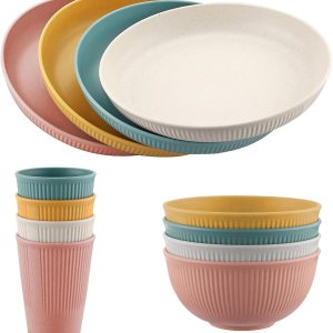 FUNYKICH Juego de 12 platos y cuencos, juego de vajilla irrompible, juego de platos reutilizables con platos, cuencos para cereales, tazas de FUNYKICH Juego de 12 platos y cuencos, juego de vajilla irrompible, juego de platos reutilizables con platos, cuencos para cereales, tazas de