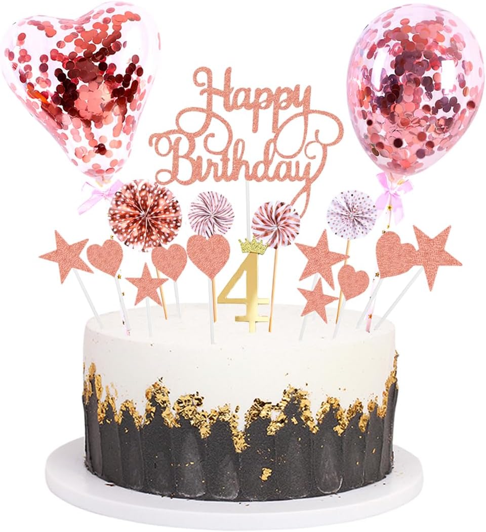 Decoración de pastel de cumpleaños rosa con purpurina acrílica para decoración de pastel de cumpleaños número 4 con globos de confeti, abanicos de